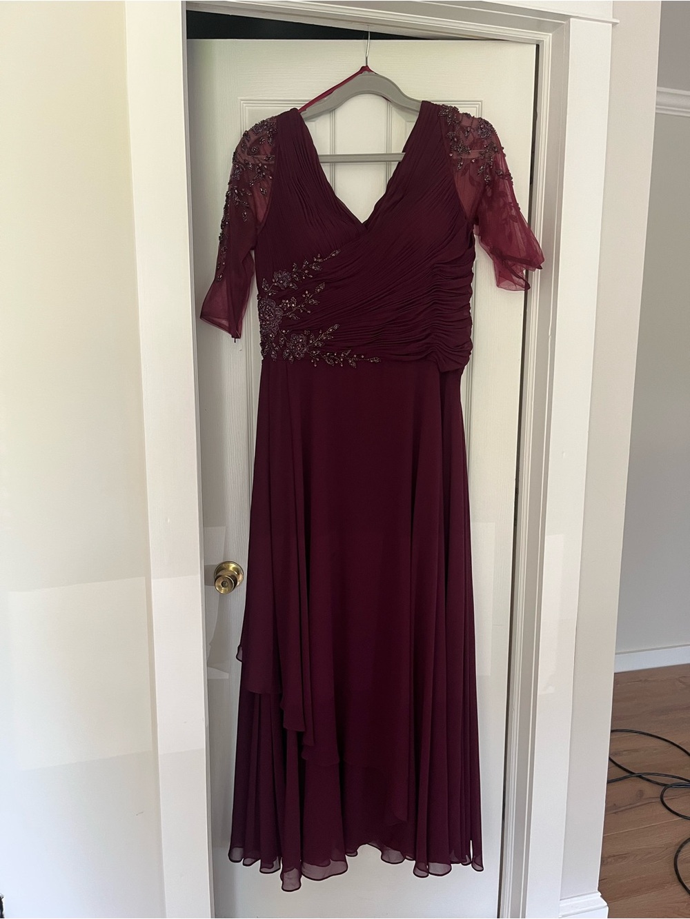 Ruched V-Neck 3/4 Sleeve Evening Gown in Burgundy by Marsoni by Colors